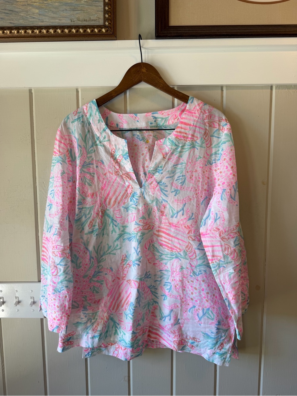 Lilly Pulitzer Pink & Blue Sea Theme Graphics V-Neck Tunic Shirt, Size XL, NWOT